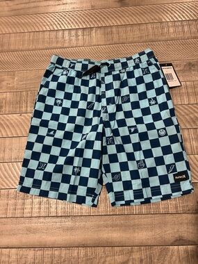 Hurley Light Blue and Navy Checkerboard Men's Athletic Shorts
